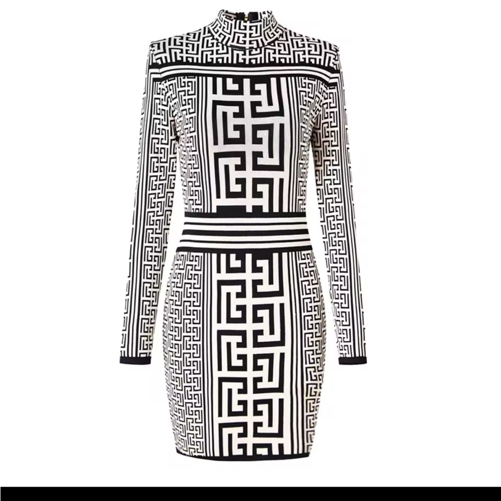Black and White Long Sleeve Mock Neck Bodycon Dress
